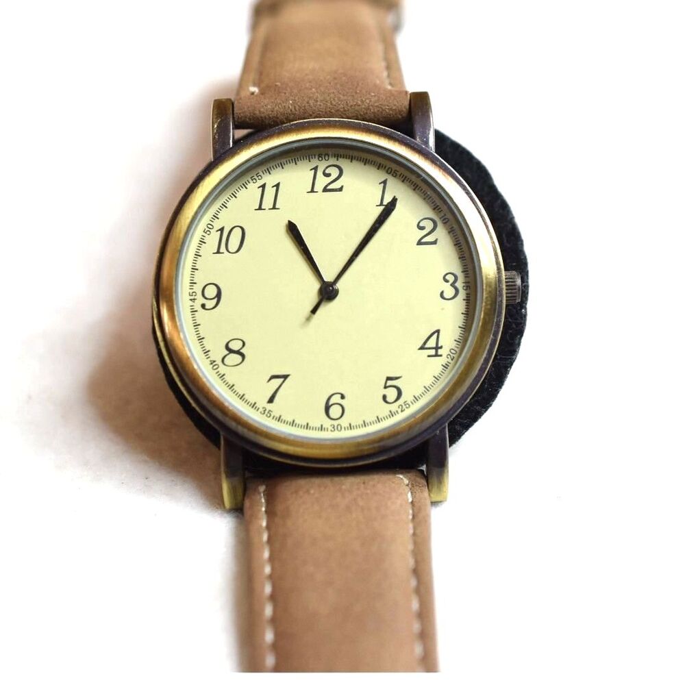 Accutime Bronze Tone Quartz Brown Leather Band Unisex New Battery Watch